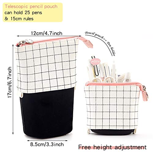 iSuperb Telescopic Pencil Case Stand Up Pen Bag Grid Pencil Holder Canvas Stationery Pouch Cosmetic Bags