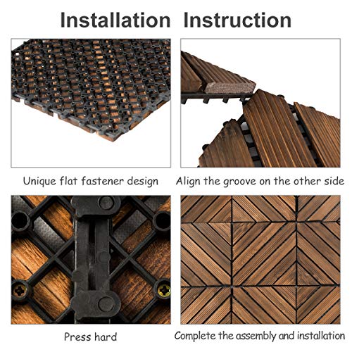 Giantex 11 PCS 12" x 12" Floor Tiles, Interlocking Wood Deck Tiles, Patio Pavers, Indoor and Outdoor Flooring Decking Tiles, Diagonal Pattern, Brown (1) - Thumbnail 3
