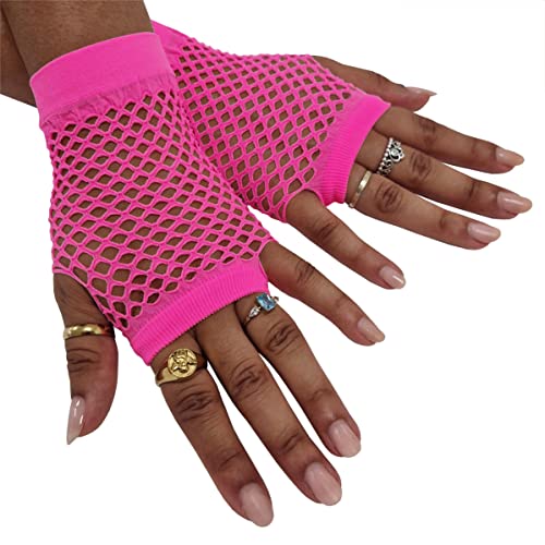 Komonee Short Fishnet Gloves Fingerless Mesh, Wrist Length Neon Pink Net for Women, Stretchy Sheer Edgy Costume Accessory for Rave Cosplay Halloween 80s Party, One Size