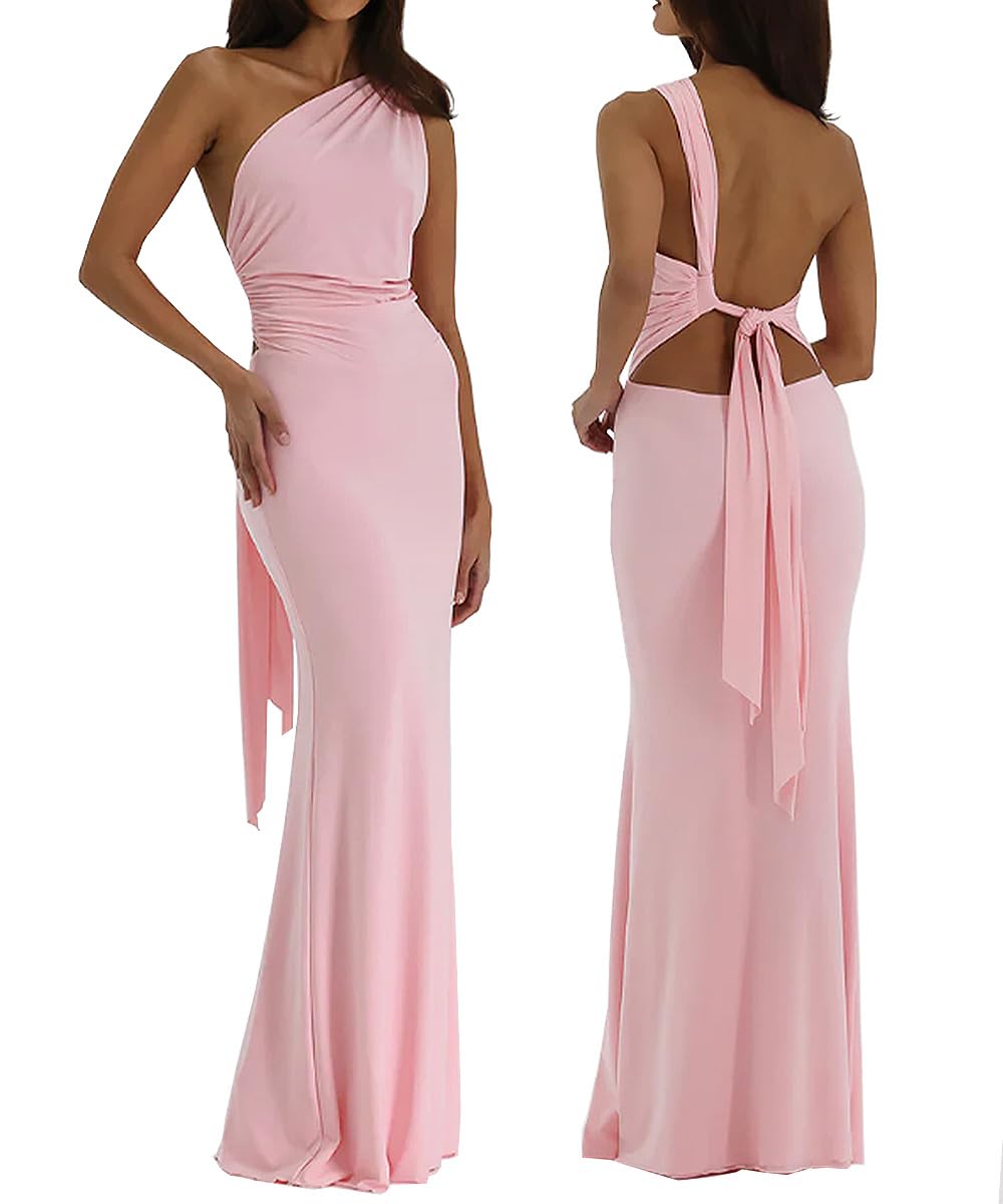 Photo 1 of HUROGON Women's One Shoulder Summer Dress Sexy Backless Ruched Formal Maxi Dress Bodycon Wedding Guest Long Dresses Party Evening Gown(Pink,M)