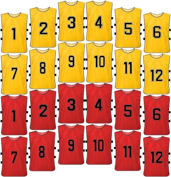 24 Pcs Scrimmage Training Vest - Soccer, Basketball, Football Bibs/Pinnies, Reversible Numbered Team Sports Pinnies Jerseys (Red & Yellow)