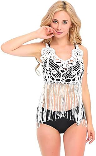 Womens Summer Beach Crochet Crop Tassel Sleeveless Knit Bra Bikini Top Tank Cami (White)