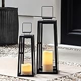 Lights4fun, Inc. Set of Two Black Metal Battery Operated LED Flameless Candle Lanterns for Indoor Outdoor Use