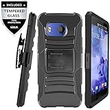 HTC U11 Case With Tempered Glass Screen Protector,IDEA LINE(TM) Heavy Duty Armor Shock Proof Dual Layer Holster Locking Belt Swivel Clip with Kick Stand - Black