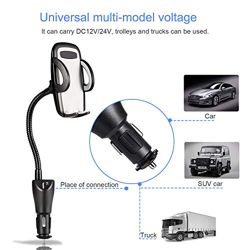 Car Phone Mount, Amoner 4 in 1 Phone Holder for Car, Cigarette Lighter Phone Car Mount with Long Gooseneck and Dual Port USB Charger Compatible 11 Pro 11 Xs Max Xs 8, Galaxy S9 S8, Mate20 P30 and More