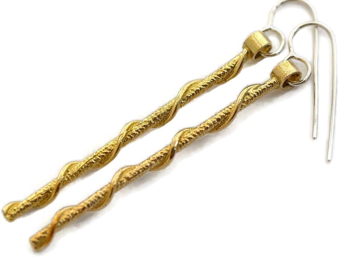 Long gold raw brass dangle bar line or stick earrings sterling silver ear wires