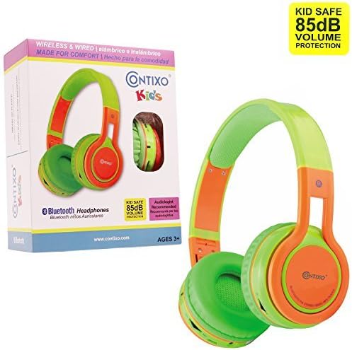 Contixo KB2600 Kid Safe 85db Foldable Wireless Bluetooth Headphone Built-in Microphone, Micro SD Card Music Player, FM Stereo Radio (Green w/Orange) - Best Gift
