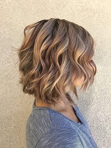 Moresoo 14 Inch 130% Density Color #4 Dark Brown Highlights With #27 Strawberry Blonde Good Quality Dark Brown BoB Wigs for Women Lace Front Wigs Wavy