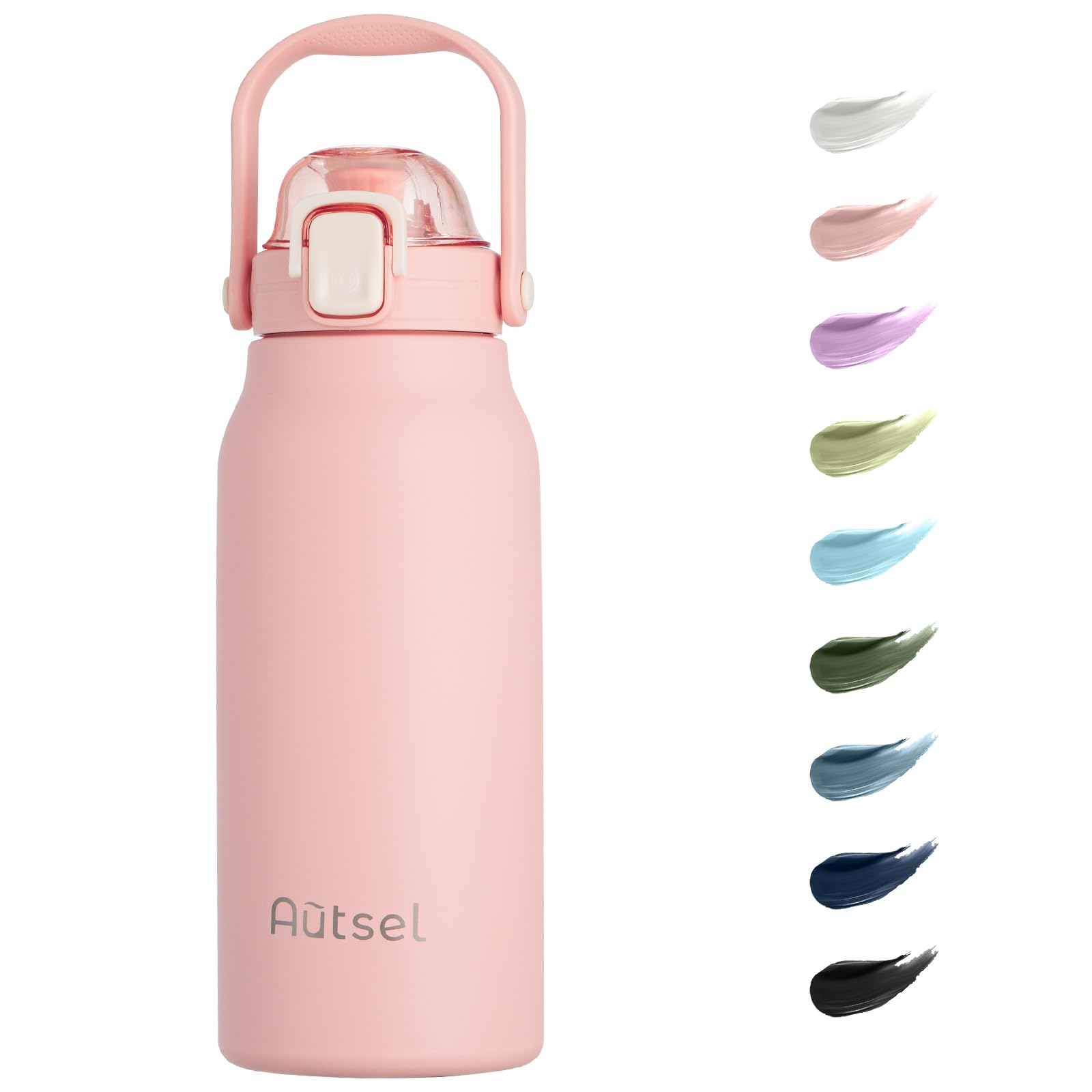 Autsel 1.7L Stainless Steel Water Bottle with Straw - Large Metal Flask with Handle - Double Walled Insulated Sports Bottle - Leakproof for Gym Sports, Pink — image 1