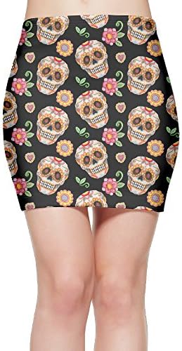 Mexico Sugar Skull Flowers Women's Bodycon Mini Knit Basic Stretch Short Pencil Skirt S