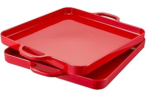 HSDT Red Serving Tray 15.3"x12.6" Square Flat Spillproof Melamine Serving Tray with Handles Set of 2