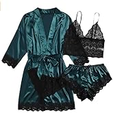 Kunpengzhi Womens Silk Pajamas Robes Set 4PACKS Sexy Pjs Cami Shorts Satin Sleepwear Lace Loungewear (Dark Green, XX-large)