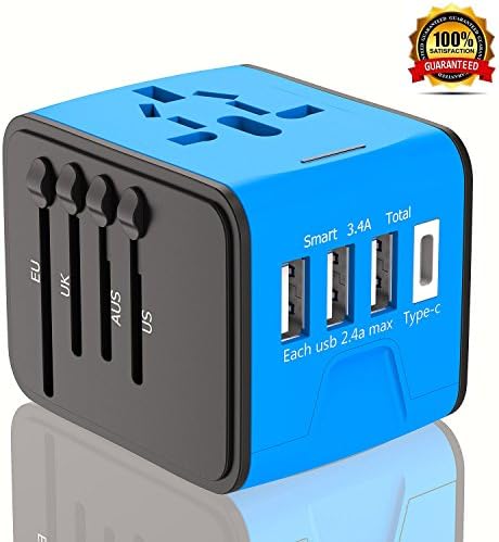 Travel Adapter, International Power Adapter With 3.4A 3 USB + Type C Charger, European Adapter, Universal Travel Adapter USB Wall Charger AC Outlet Plugs for Europe UK US AU &amp; Asia (Blue)