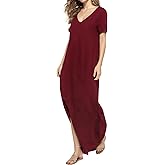 Match Women's V-Neck Casual Loose Short Sleeve Long T-Shirt Dress Split Maxi Dress with Side Pocket
