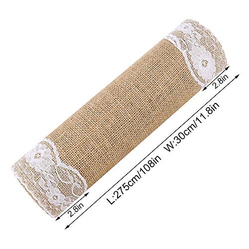 boyspringg Set of 10 Wedding Burlap Table Runners with White Lace Hem,12x108 Inch,Hessian Jute Rustic Country for Wedding Party Birthday Engagement Hotel Home Décor