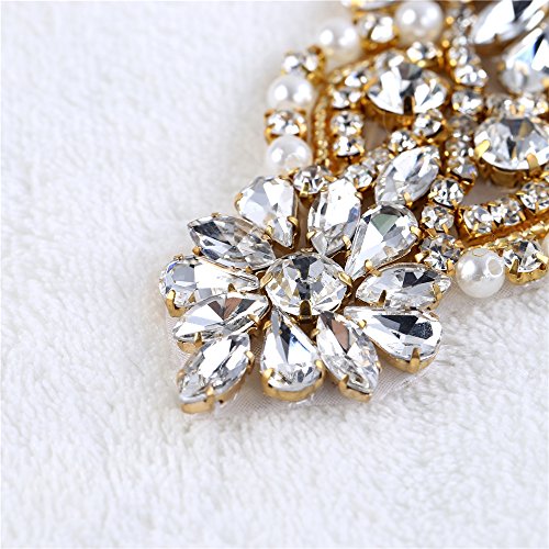 Iron on Rhinestone Applique Pearls Crystal Wedding Bridal Applique Sew on Beaded Applique Diamante Small Patch Embellishment Flower for Dress Sash Belt Cloth Headband Garter Shoe Heel Hairpiece(Gold)