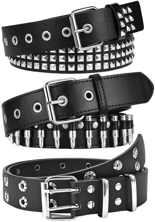 BSJIA 2 PCS Black Gothic Belt Double Grommet Buckle Leather Belt