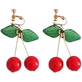 Cute Cherry Clip on Fruit Earrings for Women Red Cherry Ear Clips Dangle Drop Jewelry 