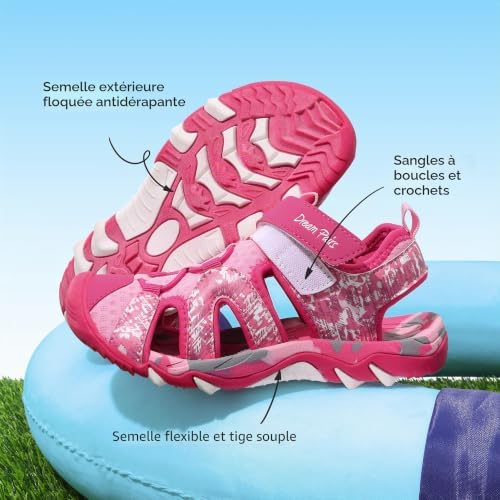 Sandales Sport Enfant Garçon Fille Sandals Été Antidérapantes Respirantes, Chaussures Outdoor Randonnée Plage Marche Sandale Fermées Confortables Légères,Size 36,Rose Vif/Rose