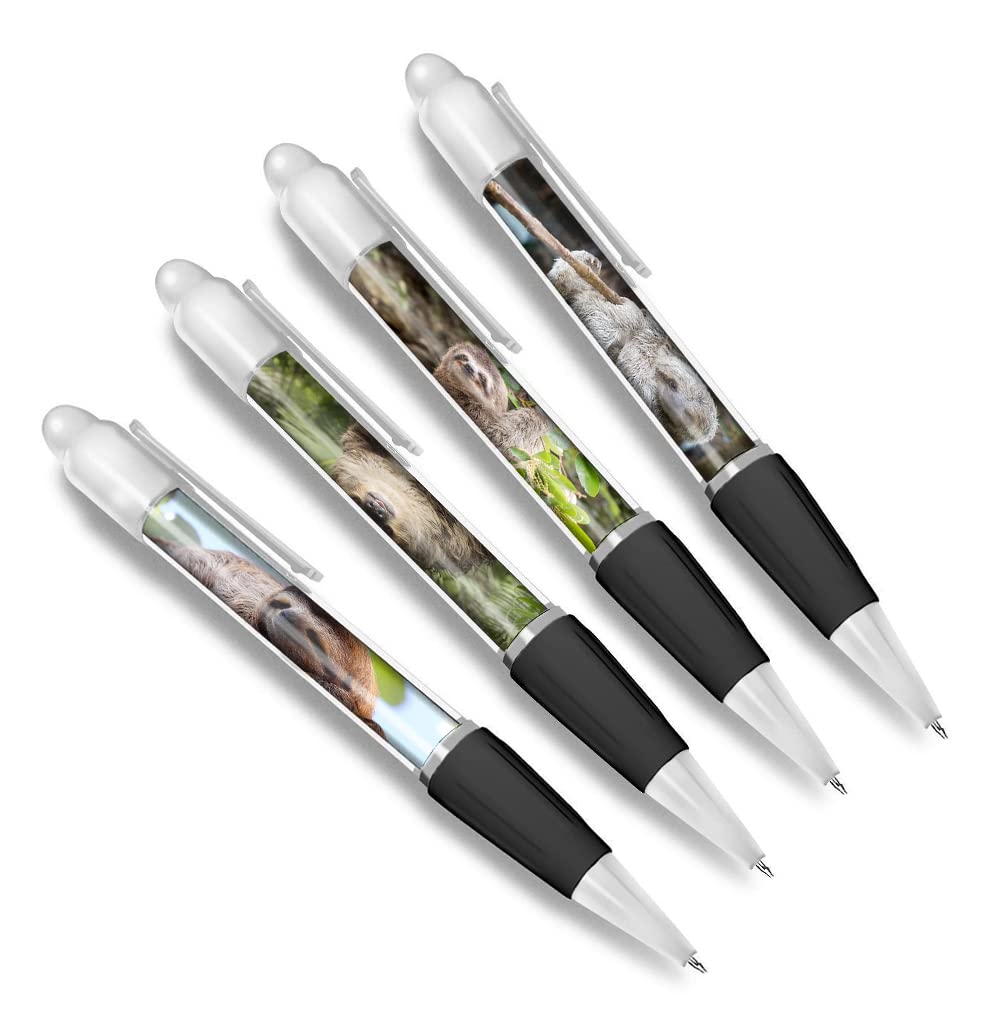 DV DESIGN Set of 4 Sloth White Ballpoint Pens - Animal Sloths Lazy Funny Wild Hanging Themed Boys Girls Men Women Pen #79614