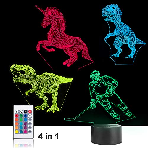 Night Lights for Kids Dinosaur Hockey Unicorn 3D Night Light Lamp 4 in 1 16 LED Colors Changing Remote Touch Desk Lamps Decorative Lighting Toys Gifts Birthday Holiday Xmas for Baby Nursery Toddler