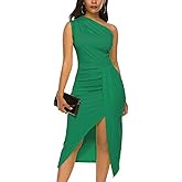 Nature Comfy Womens Elegant one Shoulder Sleeveless Ruched High Slit Solid Color Cocktail Party Dresses