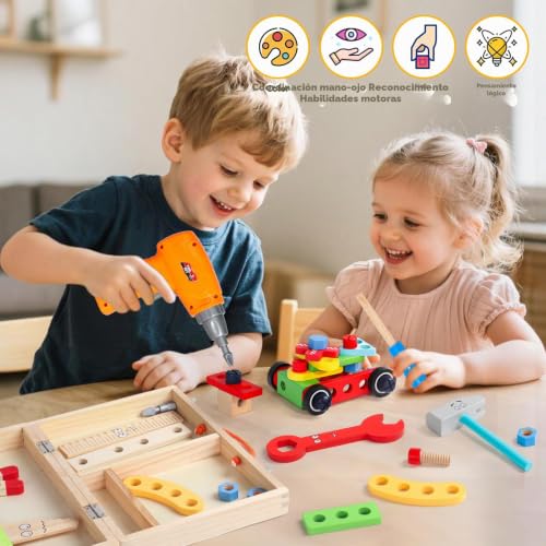 Toys Children 3 Years Old Gift Boy Girl 3 4 Years, Wooden Tool Box Toy with Electric Drill, Montessori Toys Educational Games Boys Girls 3 4 Years Old (44 Pieces)