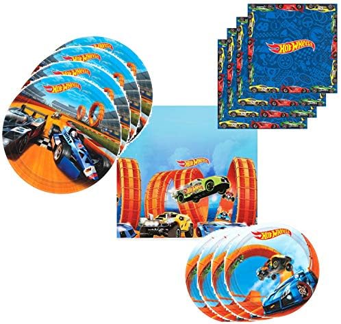 Hot Wheels Party Supplies Tableware Pack for 16 Guests - Includes 16 Dinner Plates, 16 Dessert Plates, 16 Dinner Napkins, and 1 Tablecover, Bundle