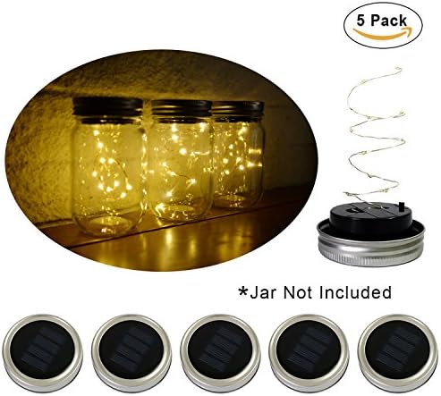 Waker Mason Jar Solar Lights 10 LED Warm White Solar Fairy Lights Mason Jar Lid Insert for Wedding Christmas Holiday Party Garden Decor Solar Lights （5 pack）