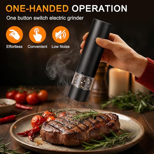 srml Rechargeable Electric Salt and Pepper Grinder Set with 4 Adjustable Coarseness, USB-C Automatic Pepper Mill Spice Grinder with Ceramic Grinding Core, Dust Cover and Base for Home Kitchen BBQ