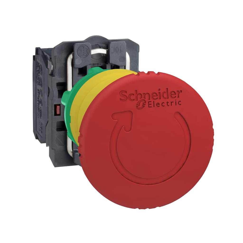 Schneider Electric Harmony XB5 - Emergency Stop Push Button Switch, Plastic, 40 mm Mushroom, Trigger Latching Turn to Release, 1NO + 1NC, 22 mm Mount, XB5AS8445, Red