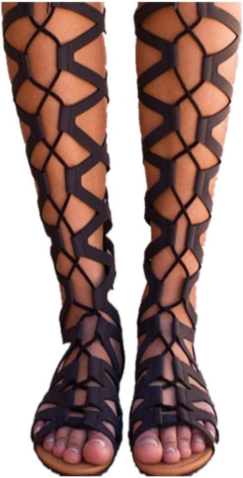 Women Gladiator Sandals Flat,Summer Strappy Lace Up Open Toe Knee High Flat Sandal