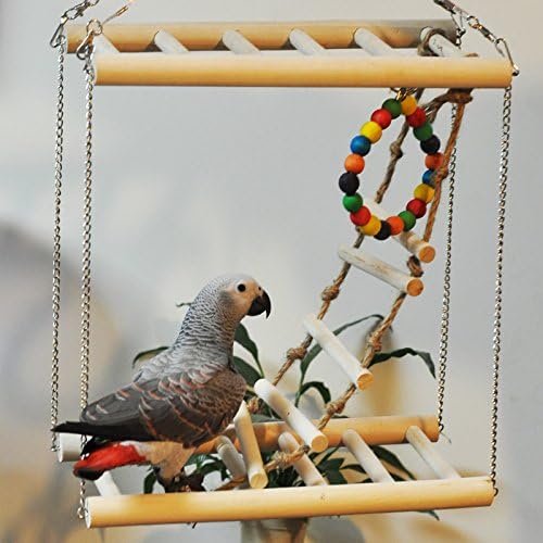 Double layer Toys Bird Parrot Toy Hanging Swing Cages Rope Pet Chew Bell Feeder Parakeet Cockatiel (S)
