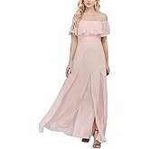 YHHOWEP Women's Formal Dress Off The Shoulder Chiffon Elegant Split A Line Floor Long Flowy Maxi Prom Bridesmaid Evening Gowns Dresses Pink L