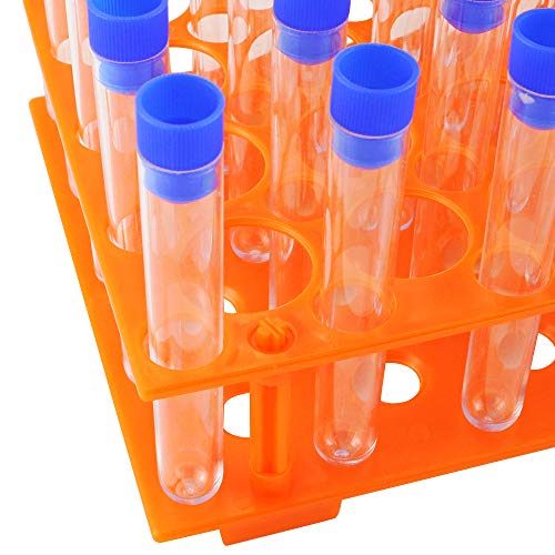 UPlama 50 Pack Clear Plastic Test Tubes with Blue Caps,16x100mm Test Tube Holder Set with Caps and 1 Pack Orange Plastic Test Tube Rack for Science Experiment Party Decoration Birthday Party