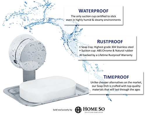 HOME SO Soap Dish Tray with Suction Cup - Removable Bath Shower Holder for Soap Bars, Sponges, Shampoo - Stainless Steel, Chrome - Thumbnail 4