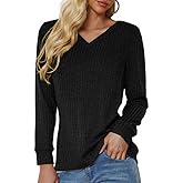 MarryUP Women’s Spring Tunic Long Sleeve Sweaters Casual V-neck Sweatshirts for Women Lightweight Fashion Trendy Tops 2025 Black L