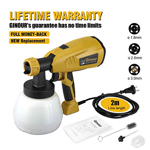 Paint Sprayer Gun with 1300ml Detachable Container,Ginour 800ml/min HVLP Electric Spray Gun wtih 3 Spray Patterns & 3 Nozzle Sizes, Lightweight, Flow Control and Perfect for Spraying Work