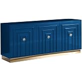 Pemberly Row Modern High Gloss Lacquer Wood Sideboard, Blue Finish, Manufactured Wood and Stainless Steel with Acrylic Accents, Gold Plated Legs, Soft-Close Mechanism for Dining Room or TV Stand Use