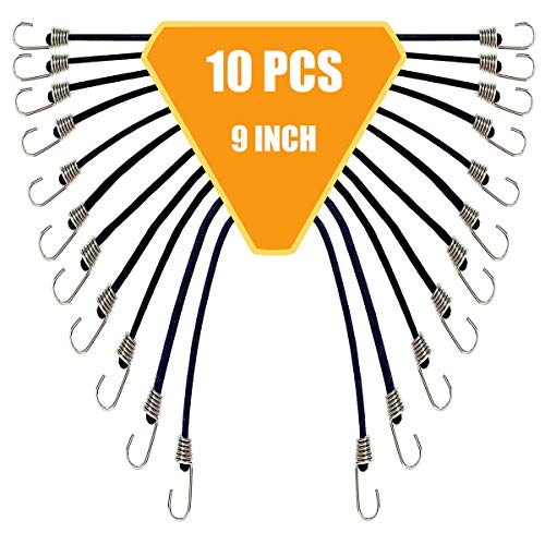 10 Pack Mini Bungee Cords with Hooks, 9 Inch Rubber Stretchy Bungee