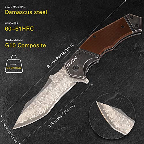 GVDV Damascus Pocket Knife with G10 Handle, Folding Knife with Sheath