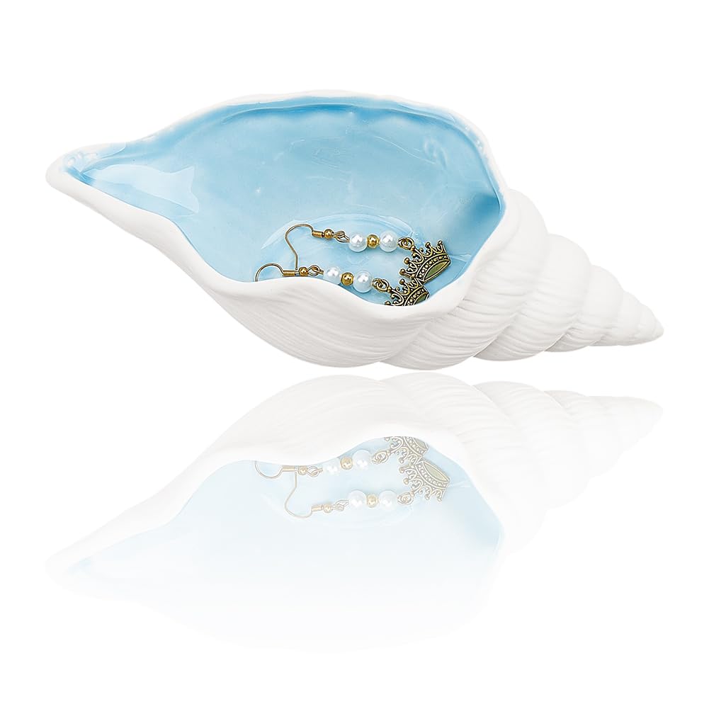 GORGECRAFT Conch Jewelry Dish Tray Sky Blue Ceramic Jewelry Organizer Ocean Style Earrings Necklace Rings Storage Holder Decorative Small Key Bowl Plate for Watch Entryway Table Home Party Decor