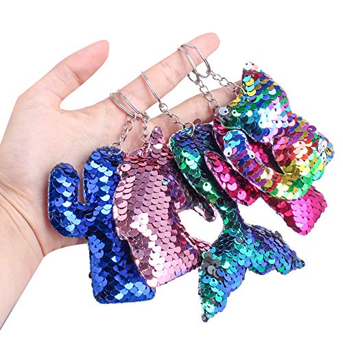 Hicdaw Flip Sequin Keychains, 30PCS Keychain for Unicorn Mermaid Tail Cat Cactus Fish Shape Key Ring Bag Decorations Gift for Kid Party Supplies