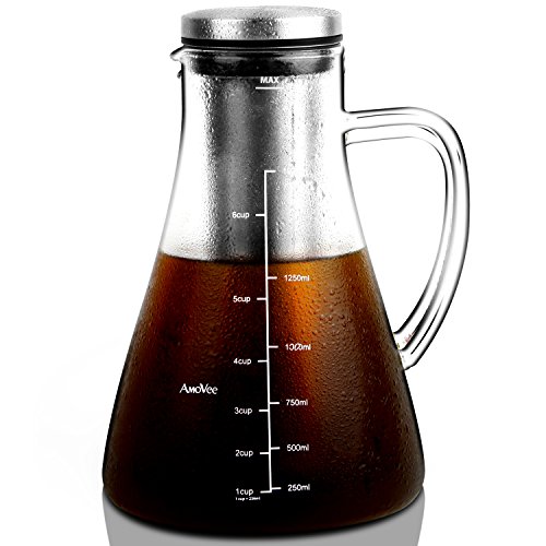 Cold Brew Coffee Maker AmoVee 1.5L (51oz) Airtight Borosilicate Glass Carafe Tea Infuser Pitcher with Removable Stainless Steel Filter for Coffee or Tea Brewing