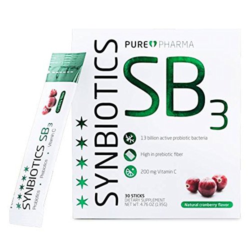 PurePharma Synbiotics SB3, 200mg Vitamin C, 3 Types of Prebiotics, 13 Billion Active Probiotic Bacteria, 30 Sticks Per Box, High In Prebiotic Fiber, Strengthens Your Immune System