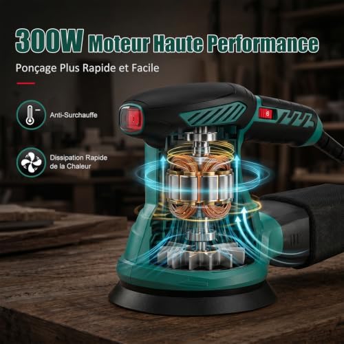 HYCHIKA Ponceuse Excentrique, 6 Vitesses Variables 300W 13000RPM Ponceuse Orbitale, 12Pcs Disque Abrasif 125mm, Ponceuse Bois avec Collecte de Poussière pour le Polissage du Ponçage du Bois