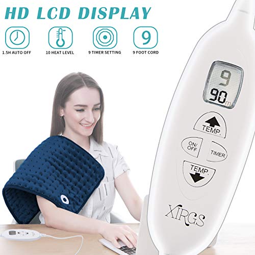 XIRGS Heating Pad, Electric Heating Pad for Back Cramps Neck Pain Relief, Dry & Moist Heat Therapy, 10 Heat Setting, 9 Timer Setting - Auto Shut Off Hot Heat Pad Size 12\'x24\'，Machine-Washable (Blue)
