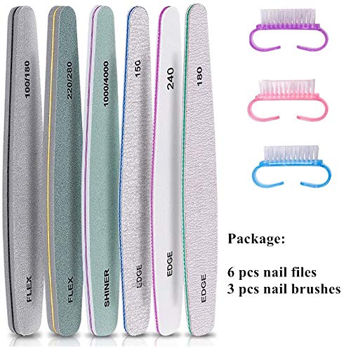Nail Files Buffer Set, 6 Pcs Professional Nails Block Washable Double Sided Buffers 150, 180, 240, 100/180, 220/280, 1000/4000 with 3 PCS Nail Brushes, Manicure Tools for Nail Grinding Polishing
