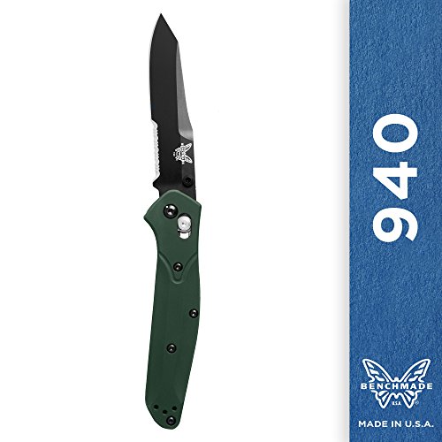 Benchmade Knife 940SBK Black Combo Edge Blade, Green Aluminum Handle