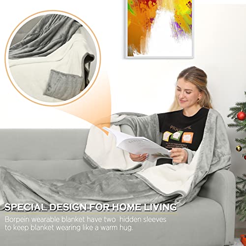 BORPEIN Tragbare Decke mit Fußabdeckung, Gemütliche Umarmung, tragbare Überwurfdecke,weich und warm für Sofaliebhaber für Frauen, Männer, Erwachsene. Einheitsgröße (Gray&White)